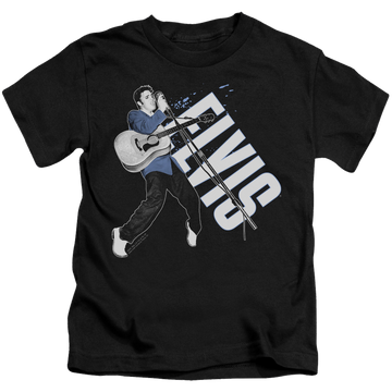 Black kid's t-shirt for ages 4 to 7 with Elvis Presley On His Toes graphic