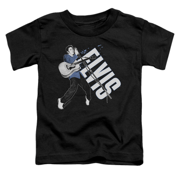 Black toddler t-shirt with Elvis Presley On His Toes graphic