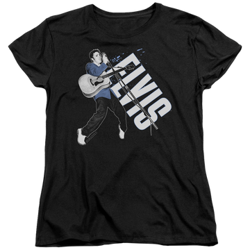 Black women's t-shirt with Elvis Presley On His Toes graphic
