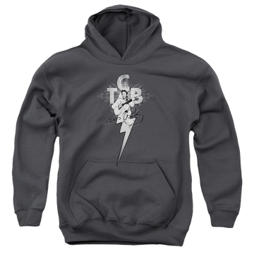 Charcoal youth hoodie for ages 8 to 12 with Elvis Presley Tcb Ornate graphic