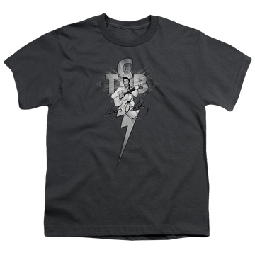 Charcoal youth t-shirt for ages 8 to 12 with Elvis Presley Tcb Ornate graphic