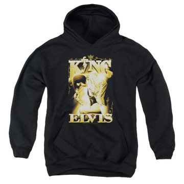 Black youth hoodie for ages 8 to 12 with Elvis Presley The King graphic