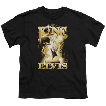 Black youth t-shirt for ages 8 to 12 with Elvis Presley The King graphic