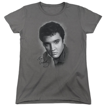 Charcoal women's t-shirt with Elvis Presley Grey Portrait graphic
