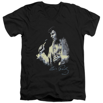 Black men's v-neck t-shirt with Elvis Presley Painted King graphic