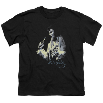 Black youth t-shirt for ages 8 to 12 with Elvis Presley Painted King graphic