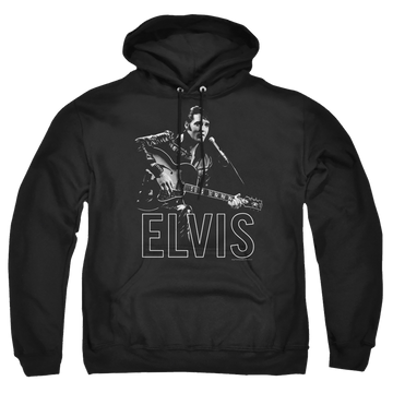 Black pullover hoodie with Elvis Presley Guitar In Hand graphic
