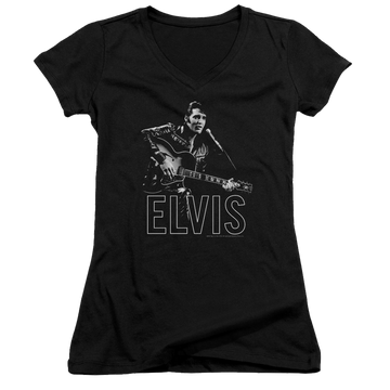 Elvis Presley Guitar In Hand - Juniors V-Neck T-Shirt Juniors V-Neck T-Shirt Elvis Presley   