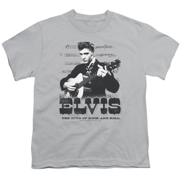 Silver youth t-shirt for ages 8 to 12 with Elvis Presley The King Of graphic