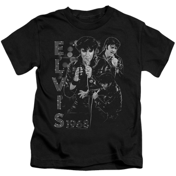 Black kid's t-shirt for ages 4 to 7 with Elvis Presley Leathered graphic