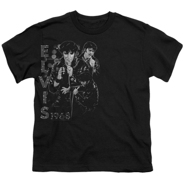 Black youth t-shirt for ages 8 to 12 with Elvis Presley Leathered graphic