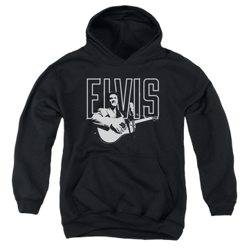 Black youth hoodie for ages 8 to 12 with Elvis Presley White Glow graphic