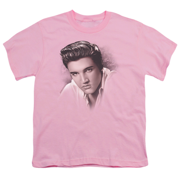 Pink youth t-shirt for ages 8 to 12 with Elvis Presley The Stare graphic