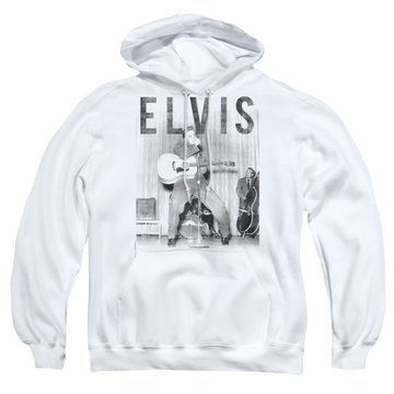 White pullover hoodie with Elvis Presley With The Band graphic