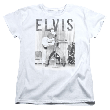 White women's t-shirt with Elvis Presley With The Band graphic