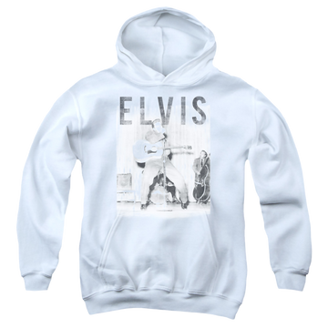 White youth hoodie for ages 8 to 12 with Elvis Presley With The Band graphic