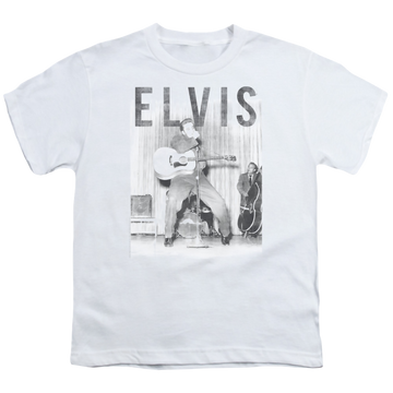 White youth t-shirt for ages 8 to 12 with Elvis Presley With The Band graphic