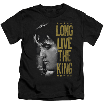 Black kid's t-shirt for ages 4 to 7 with Elvis Presley Long Live The King graphic
