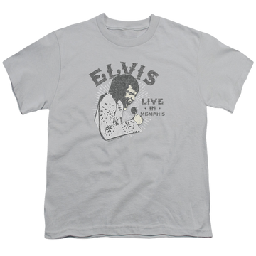 Silver youth t-shirt for ages 8 to 12 with Elvis Presley Live In Memphis graphic