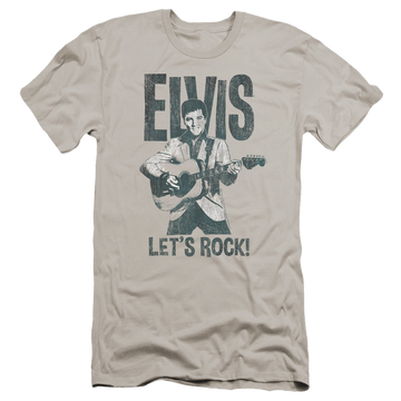 Silver men's premium slim fit t-shirt with Elvis Presley Lets Rock graphic
