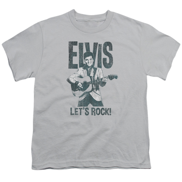 Silver youth t-shirt for ages 8 to 12 with Elvis Presley Lets Rock graphic