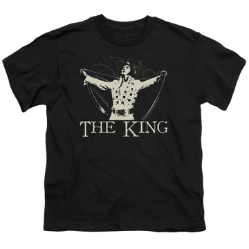 Black youth t-shirt for ages 8 to 12 with Elvis Presley Ornate King graphic