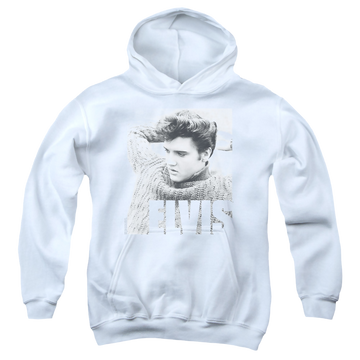 White youth hoodie for ages 8 to 12 with Elvis Presley Relaxing graphic