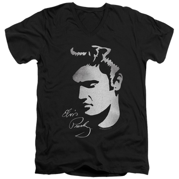 Black men's v-neck t-shirt with Elvis Presley Simple Face graphic