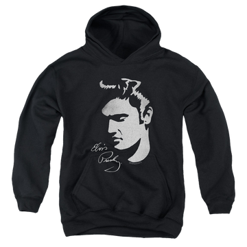Black youth hoodie for ages 8 to 12 with Elvis Presley Simple Face graphic