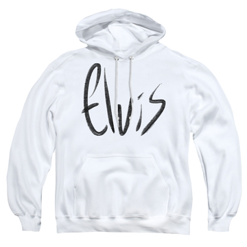 White pullover hoodie with Elvis Presley Sketchy Name graphic