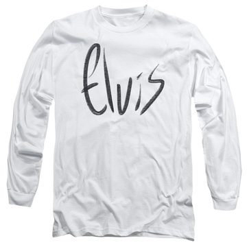 White men's long sleeve t-shirt with Elvis Presley Sketchy Name graphic
