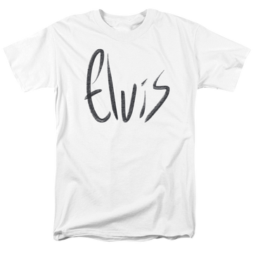 White men's regular fit t-shirt with Elvis Presley Sketchy Name graphic