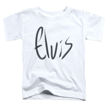 White toddler t-shirt with Elvis Presley Sketchy Name graphic