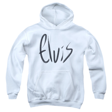 White youth hoodie for ages 8 to 12 with Elvis Presley Sketchy Name graphic