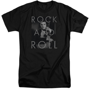 Black men's tall fit t-shirt with Elvis Presley Rock And Roll graphic