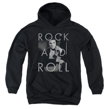 Black youth hoodie for ages 8 to 12 with Elvis Presley Rock And Roll graphic