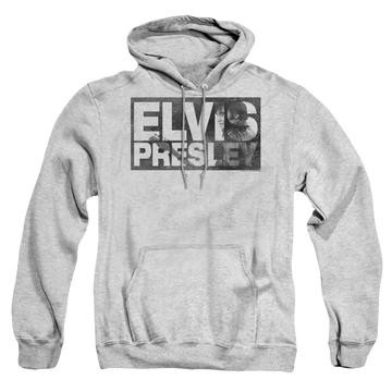 Athletic heather pullover hoodie with Elvis Presley Block Letters graphic
