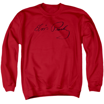 Red men's crewneck sweatshirt with Elvis Presley Signature Sketch graphic
