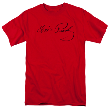 Red men's regular fit t-shirt with Elvis Presley Signature Sketch graphic