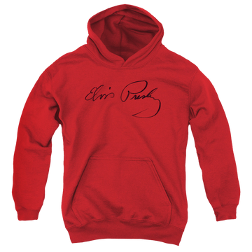 Red youth hoodie for ages 8 to 12 with Elvis Presley Signature Sketch graphic