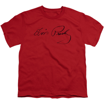 Red youth t-shirt for ages 8 to 12 with Elvis Presley Signature Sketch graphic