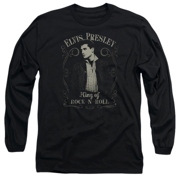 Black men's long sleeve t-shirt with Elvis Presley Rock Legend graphic