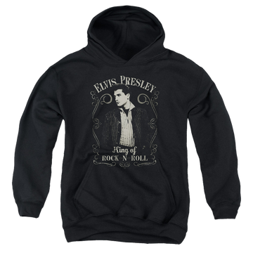 Black youth hoodie for ages 8 to 12 with Elvis Presley Rock Legend graphic