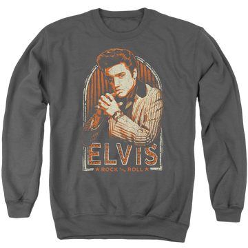 Charcoal men's crewneck sweatshirt with Elvis Presley Stripes graphic