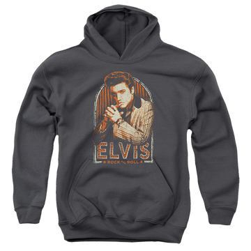 Charcoal youth hoodie for ages 8 to 12 with Elvis Presley Stripes graphic
