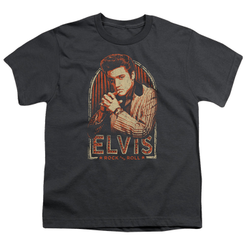Charcoal youth t-shirt for ages 8 to 12 with Elvis Presley Stripes graphic