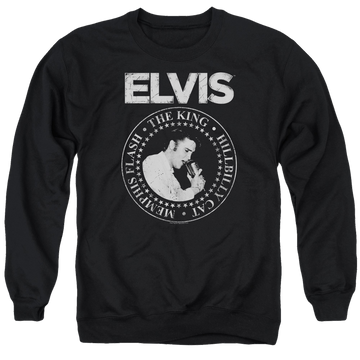 Black men's crewneck sweatshirt with Elvis Presley Rock King graphic