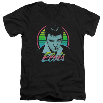 Black men's v-neck t-shirt with Elvis Presley Neon King graphic
