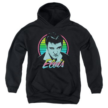 Black youth hoodie for ages 8 to 12 with Elvis Presley Neon King graphic