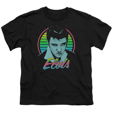 Black youth t-shirt for ages 8 to 12 with Elvis Presley Neon King graphic